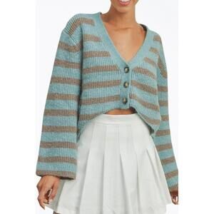 NEW VANILLA MONKEY cropped high-low striped cardigan in sky blue/grey